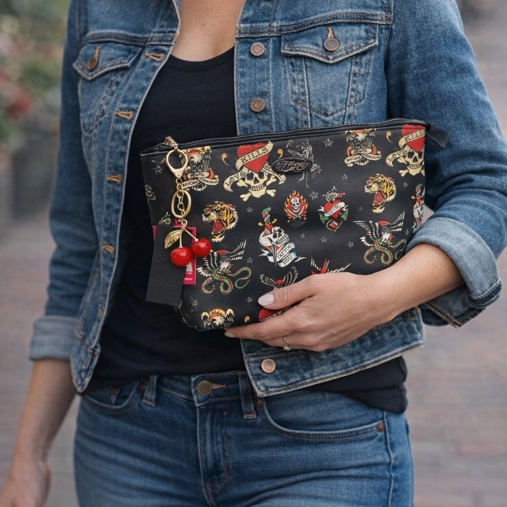 Ed Hardy Black Tattoo Print Cosmetic Zip Pouch with Cherry Charm